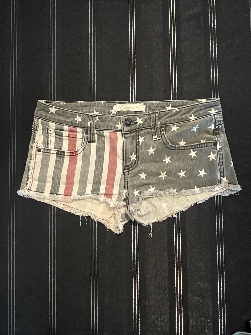 Frankie B. Flag Print Distressed Denim Shorts - Gray/Red/White